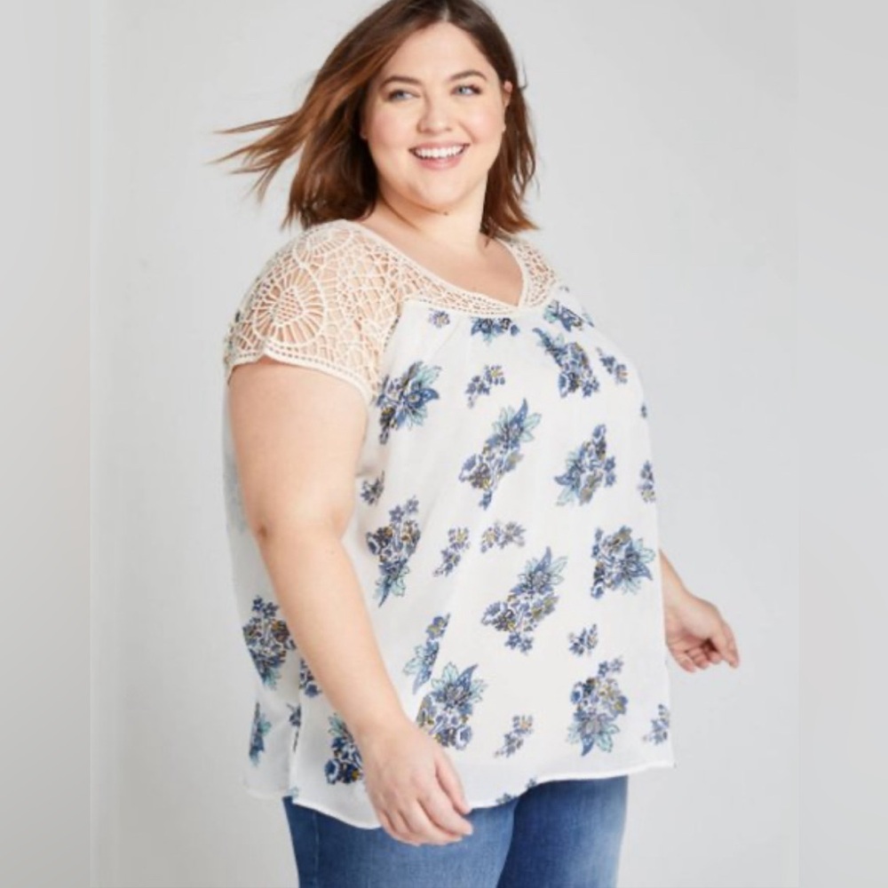 Lane Bryant White Blouse with Blue Floral Print and Crochet Yoke - Picture 5 of 5
